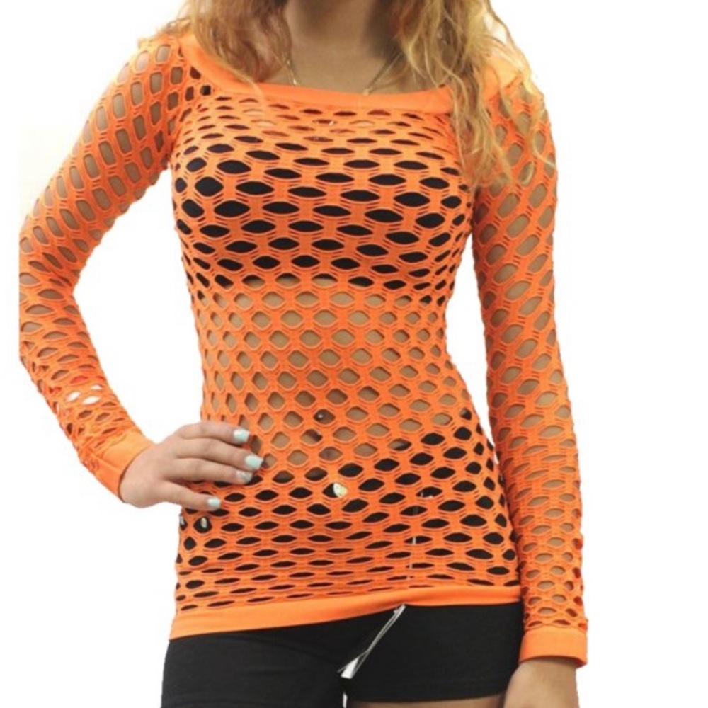Elastic Nylon Spandex Long Sleeve Fishnet Layer Blouse Top